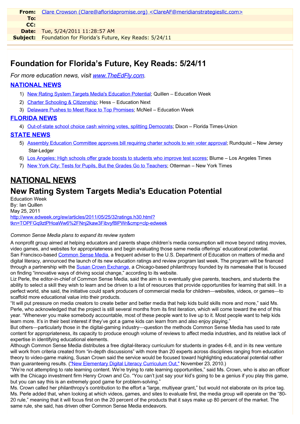 Foundation for Florida's Future, Key Reads: 5/24/11 NATIONAL