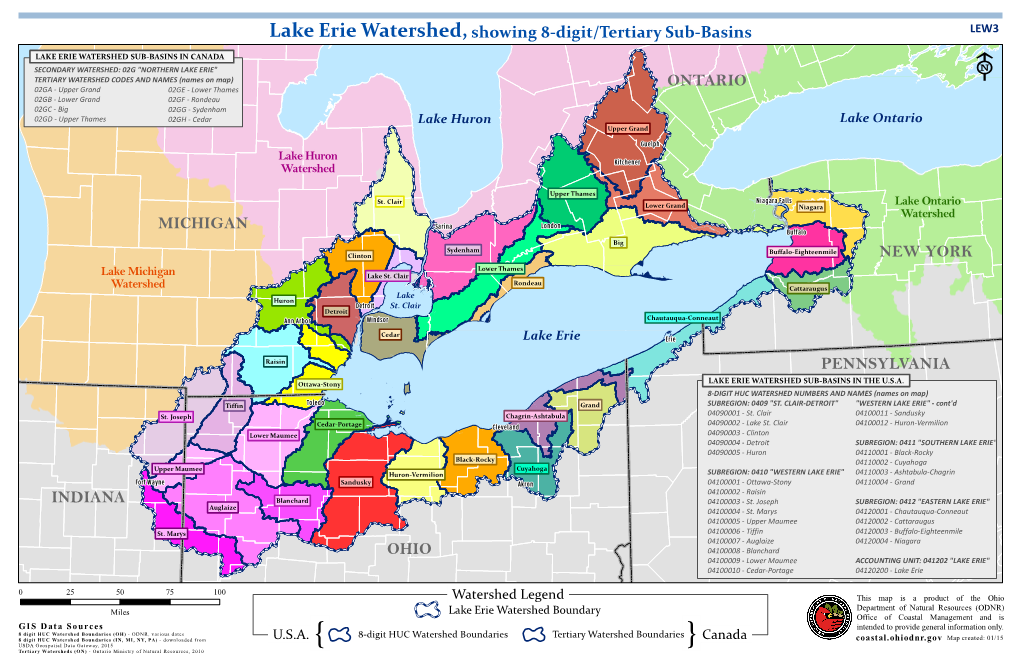 Lake Erie Watershed,Showing 8-Digit/Tertiary Sub-Basins