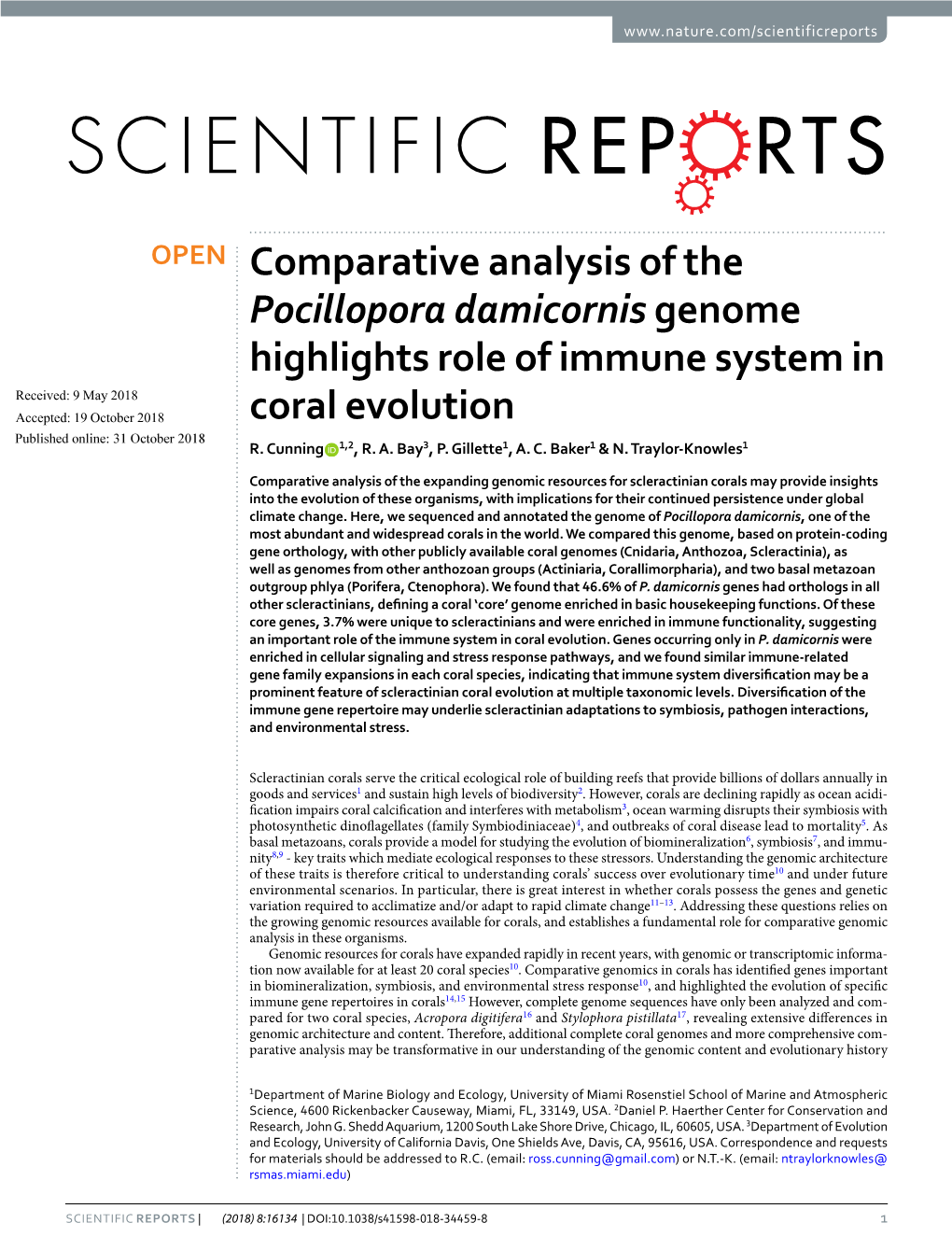 Comparative Analysis of the Pocillopora Damicornis Genome