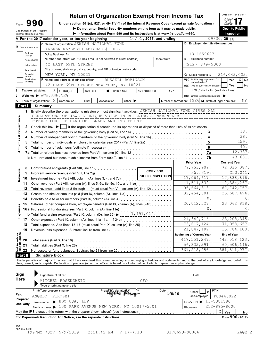 JEWISH NATIONAL FUND D Employer Identification Number B Check If Applicable: (KEREN KAYEMETH LEISRAEL) INC