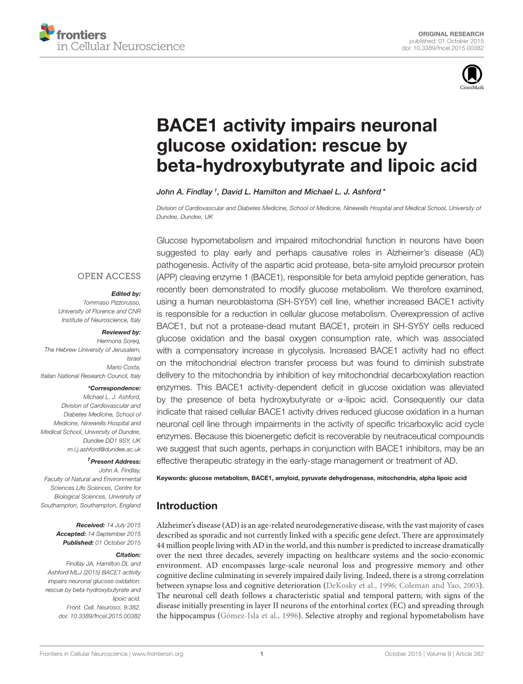 BACE1 Activity Impairs Neuronal Glucose Oxidation: Rescue by Beta-Hydroxybutyrate and Lipoic Acid