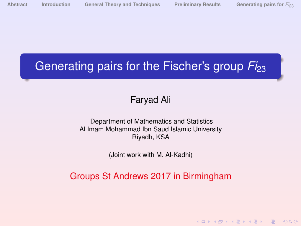 Generating Pairs for the Fischer's Group Fi23