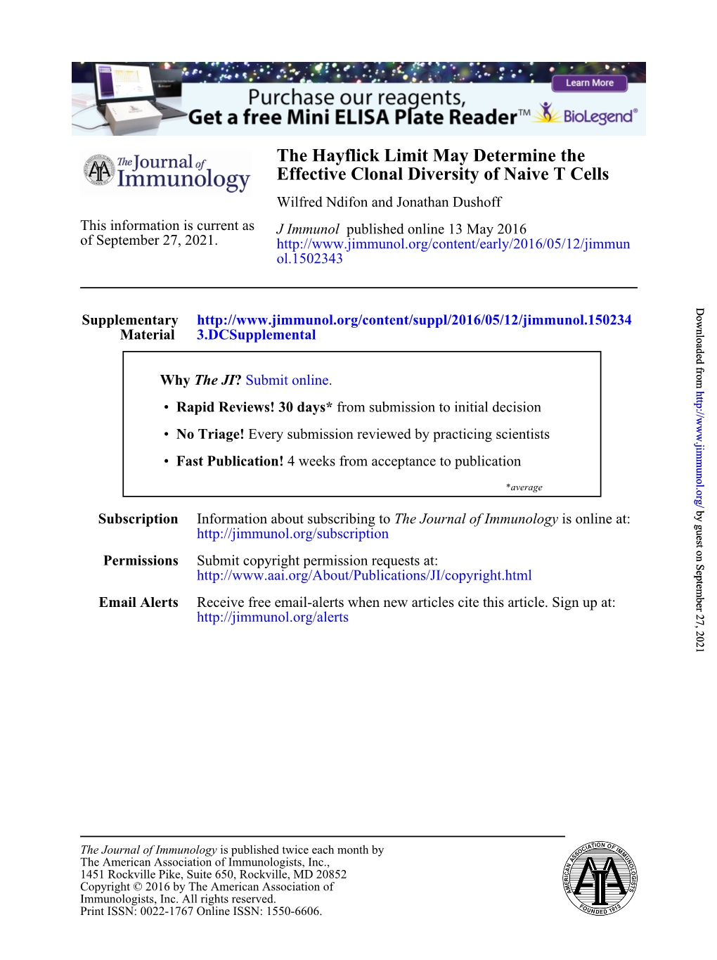 The Hayflick Limit May Determine the Effective Clonal Diversity of Naive T Cells