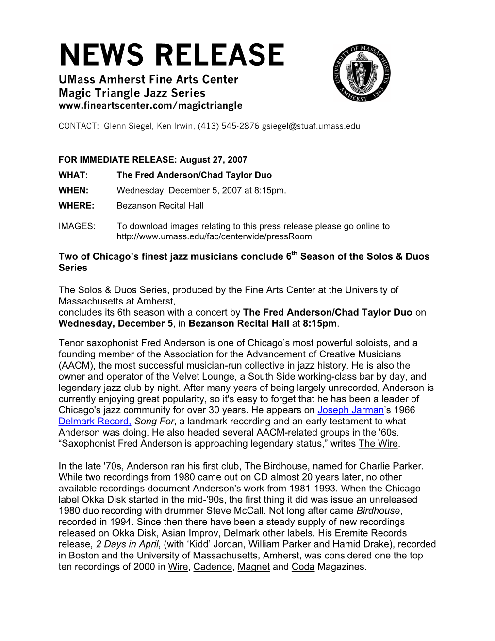 NEWS RELEASE Umass Amherst Fine Arts Center Magic Triangle Jazz Series