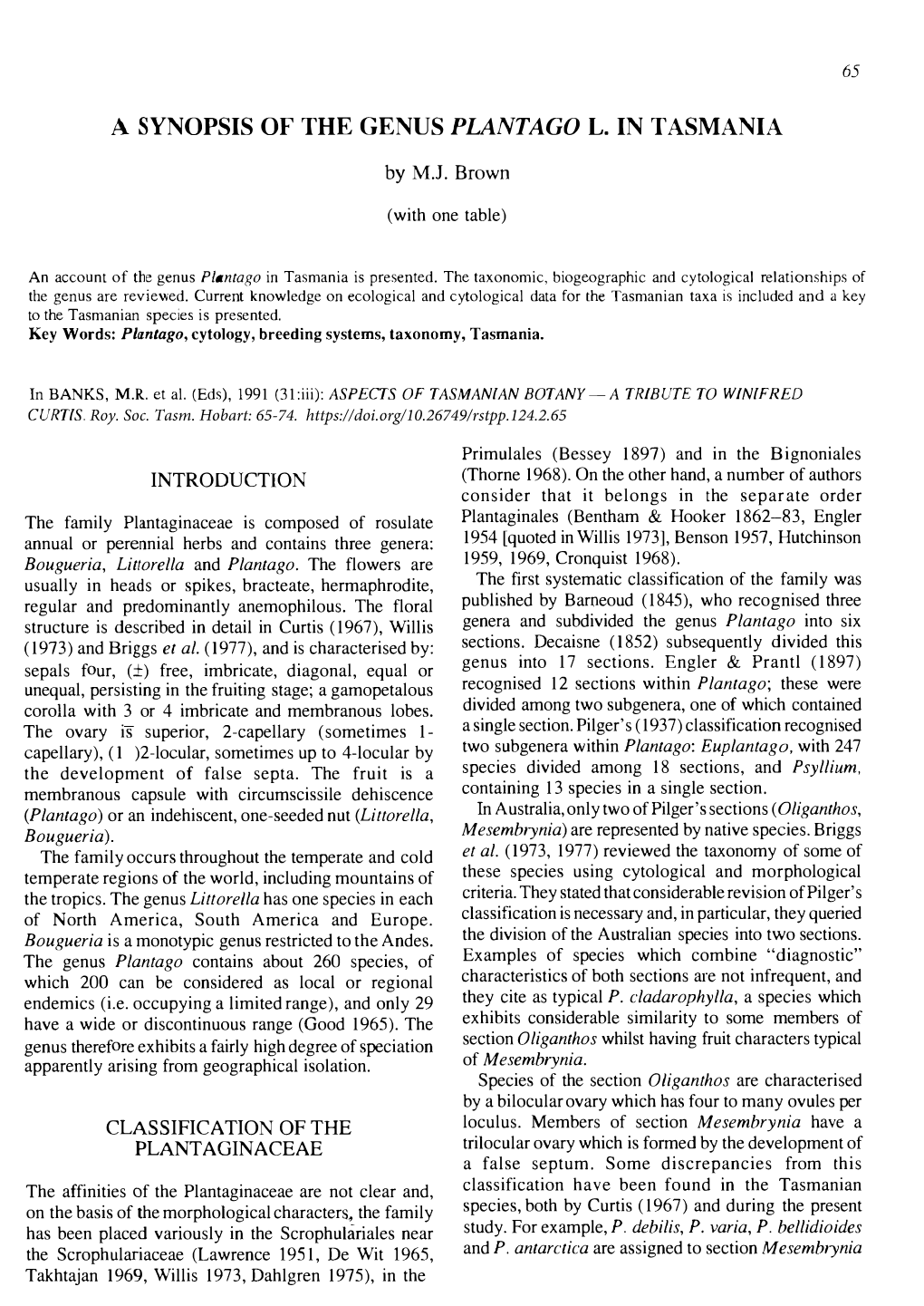 A Synopsis of the Genus Plant Ago L. in Tasmania