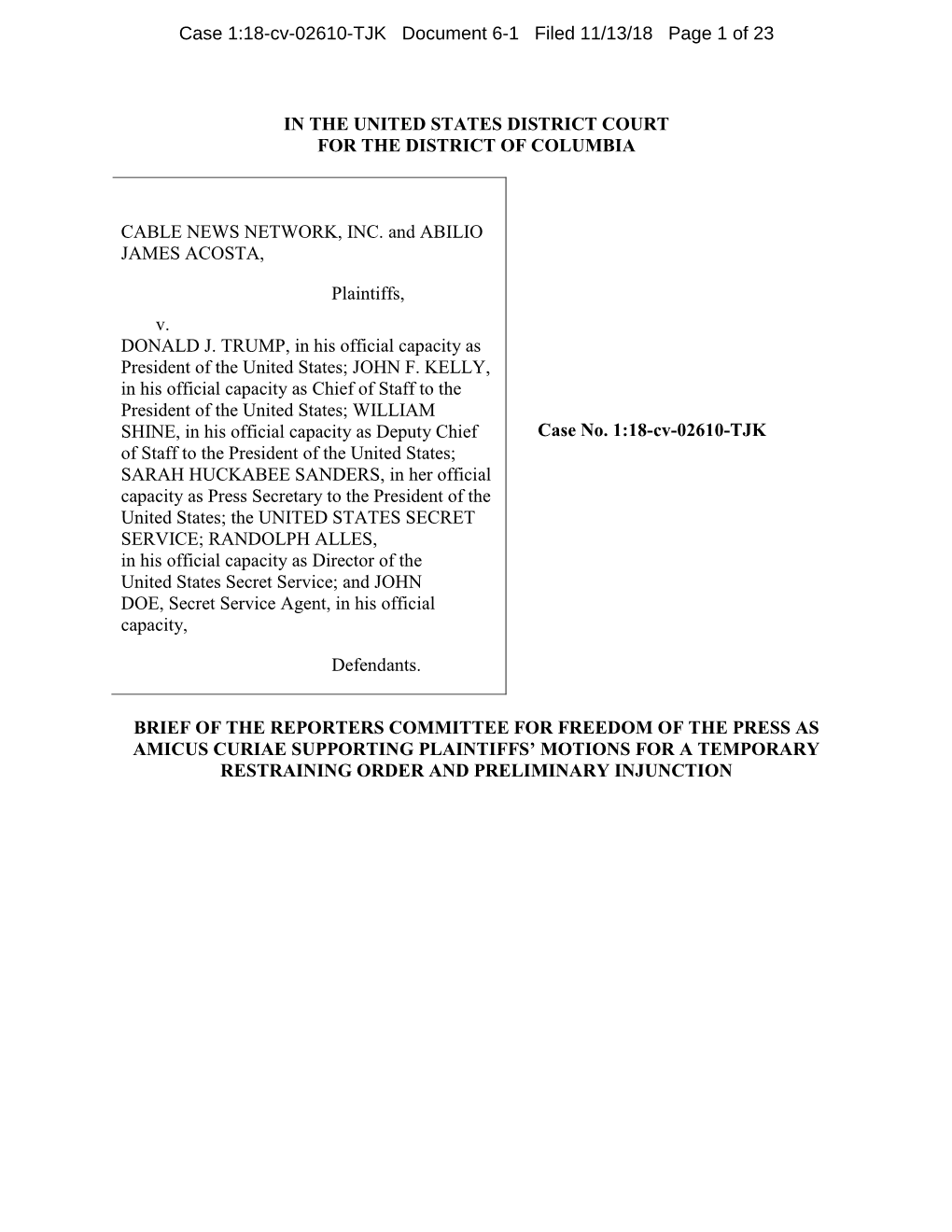 IN the UNITED STATES DISTRICT COURT for the DISTRICT of COLUMBIA CABLE NEWS NETWORK, INC. and ABILIO JAMES ACOSTA, Plaintiffs, V