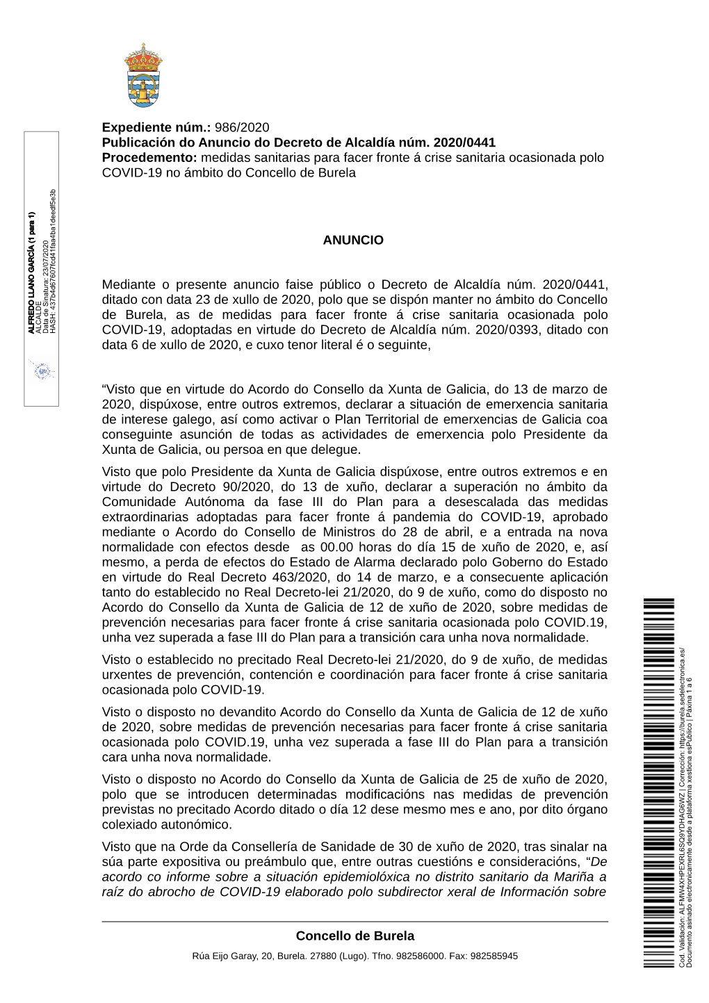 Expediente Núm.: 986/2020 Publicación Do Anuncio Do Decreto De Alcaldía Núm