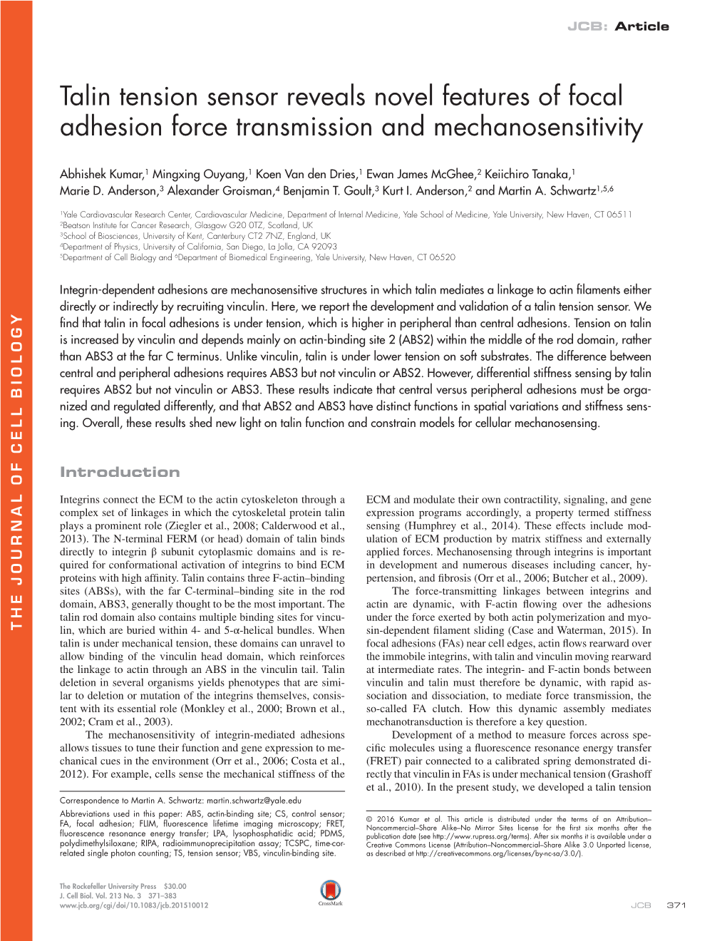 Talin Tension Sensor Reveals Novel Features of Focal Adhesion Force Transmission and Mechanosensitivity