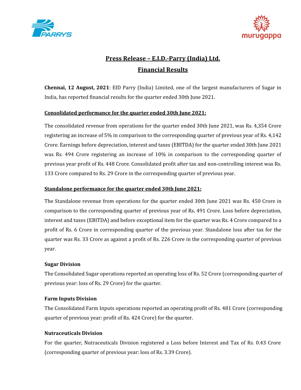 EID Parry Press Release