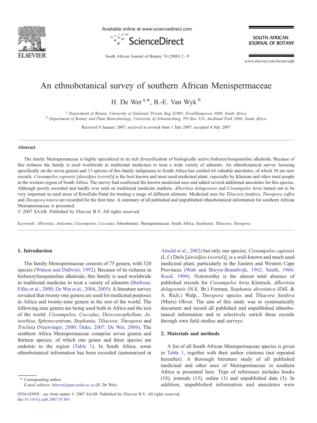 An Ethnobotanical Survey of Southern African Menispermaceae ⁎ H