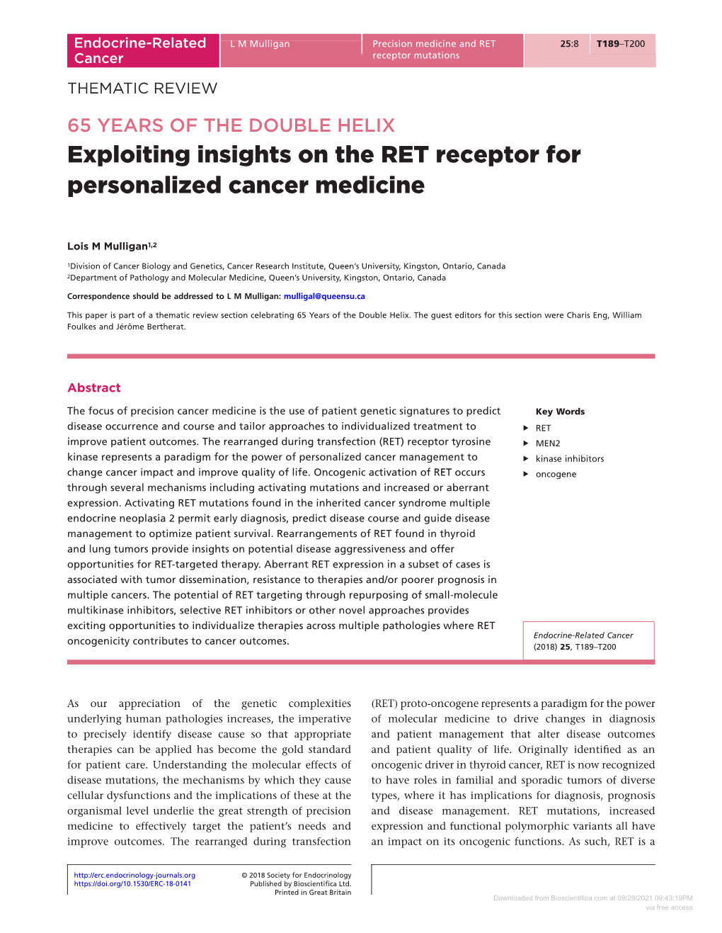 Exploiting Insights on the RET Receptor for Personalized Cancer Medicine