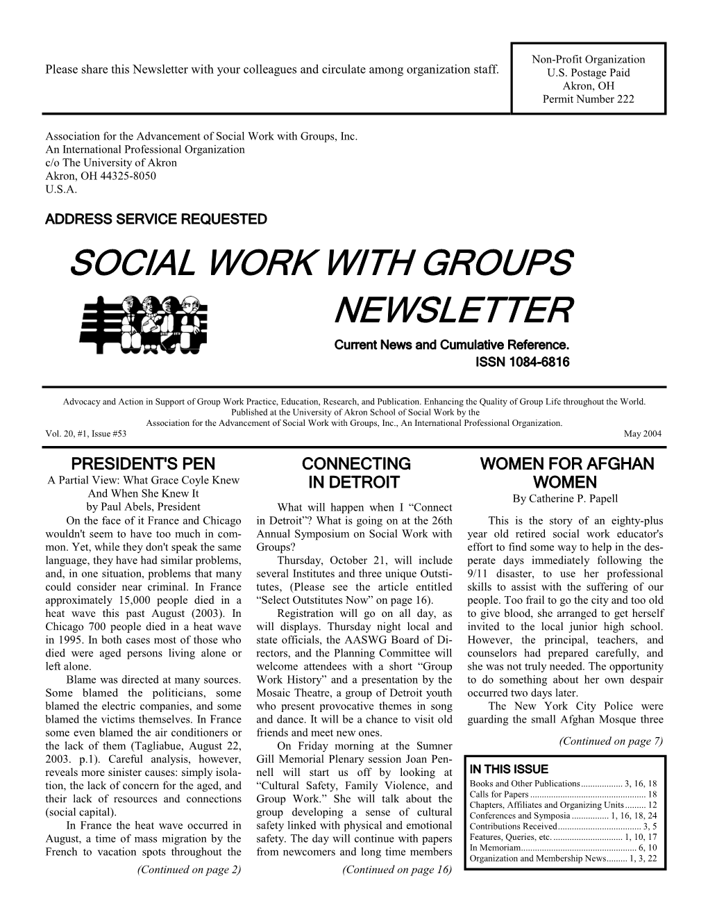 SOCIAL WORK with GROUPS NEWSLETTER Current News and Cumulative Reference