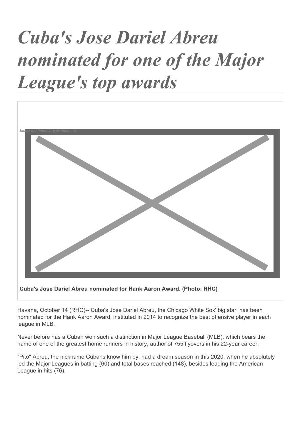 Cuba's Jose Dariel Abreu Nominated for One of the Major League's Top Awards