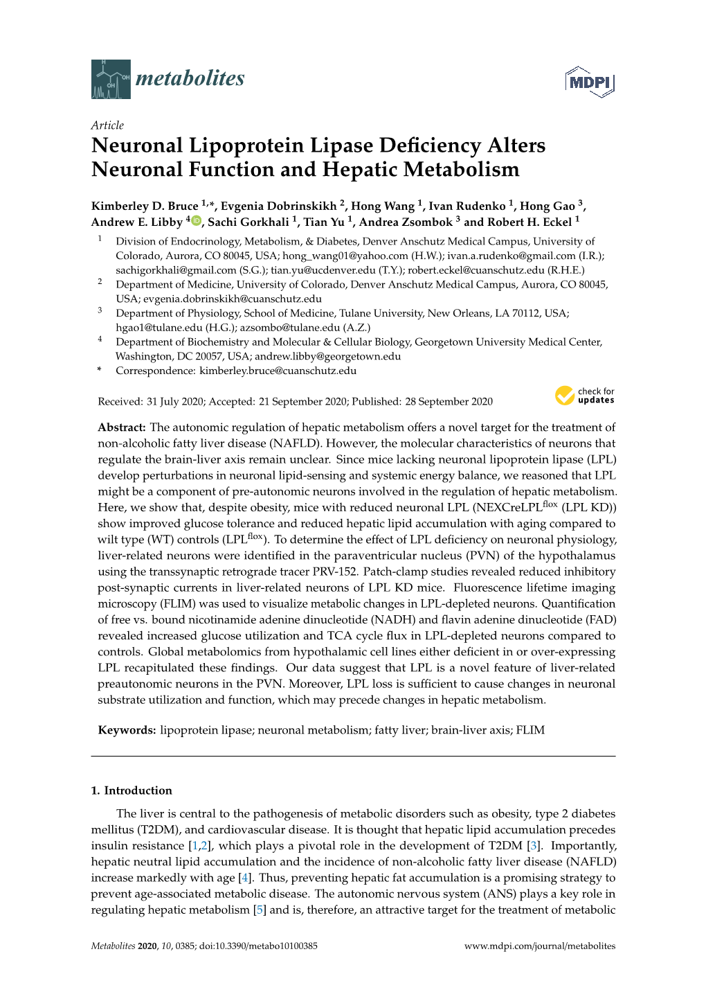 Neuronal Lipoprotein Lipase Deficiency Alters Neuronal Function and Hepatic Metabolism