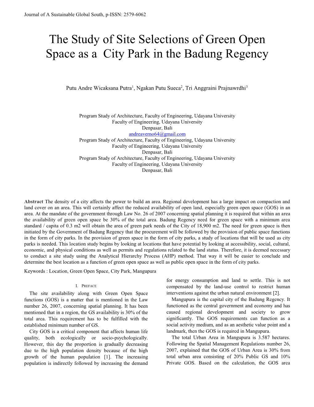 The Study of Site Selections of Green Open Space As a City Park in the Badung Regency