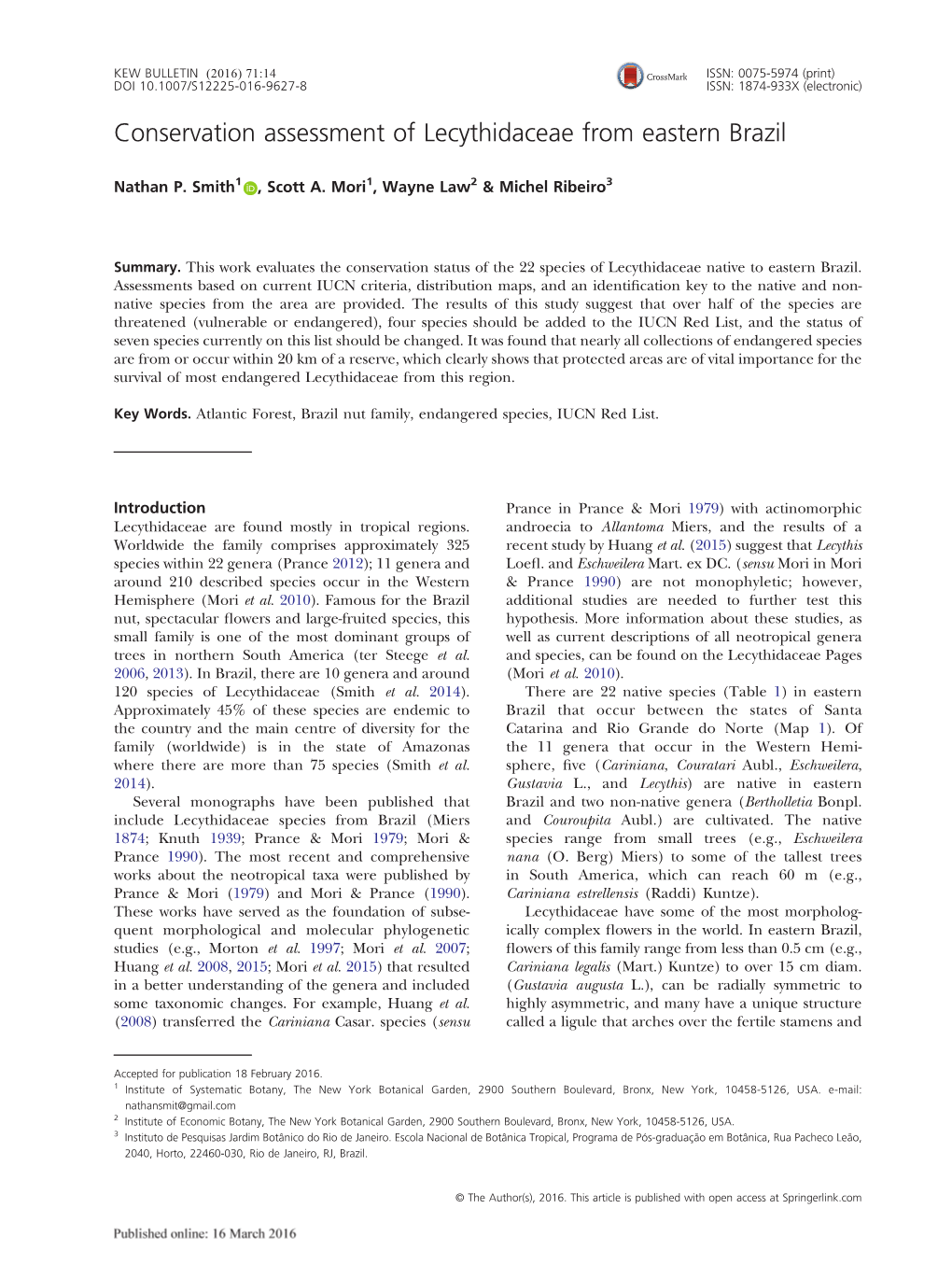 Conservation Assessment of Lecythidaceae from Eastern Brazil