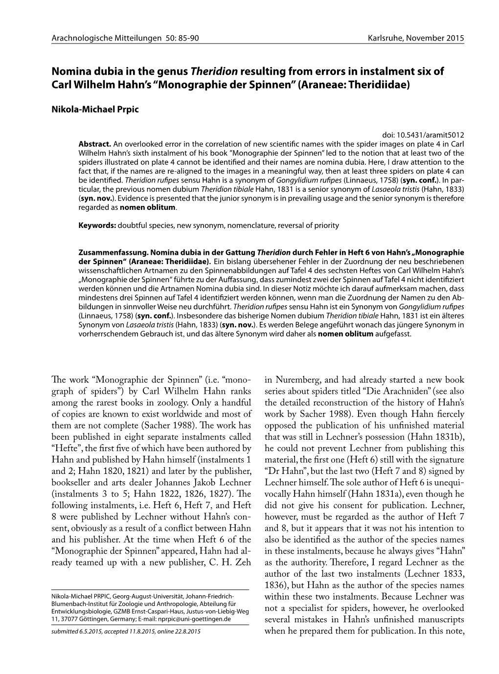 Nomina Dubia in the Genus Theridion Resulting from Errors in Instalment Six of Carl Wilhelm Hahn’S “Monographie Der Spinnen” (Araneae: Theridiidae)