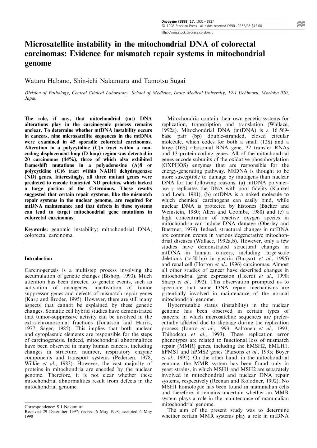 Microsatellite Instability in the Mitochondrial DNA of Colorectal Carcinomas: Evidence for Mismatch Repair Systems in Mitochondrial Genome