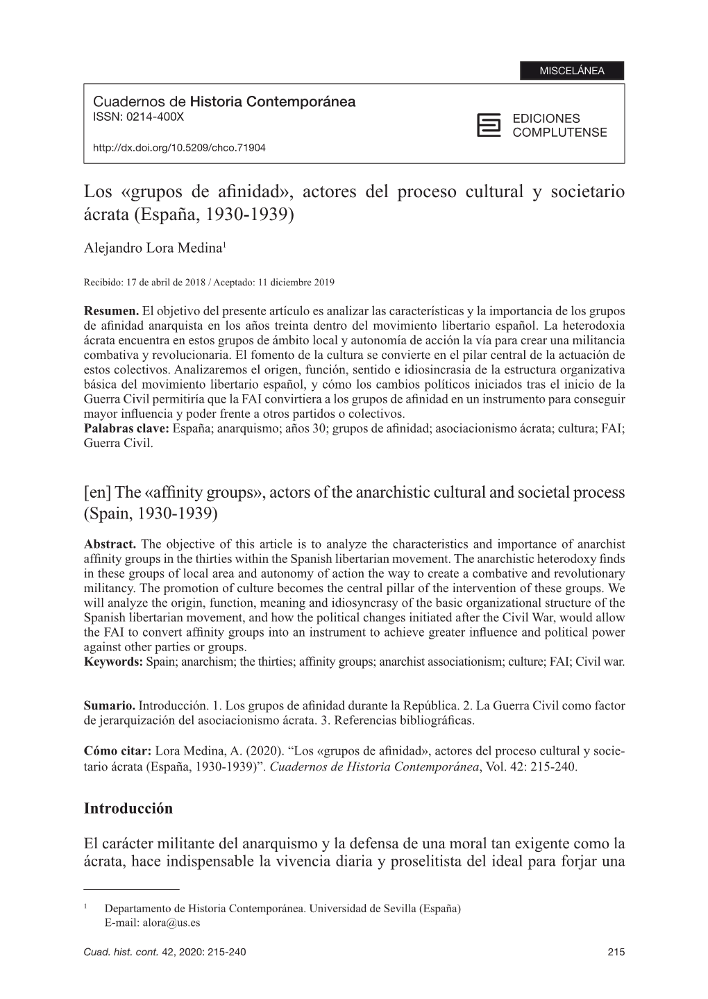 Grupos De Afinidad», Actores Del Proceso Cultural Y Societario Ácrata (España, 1930-1939)