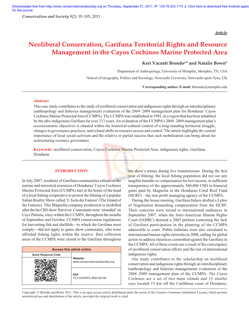 Neoliberal Conservation, Garifuna Territorial Rights and Resource Management in the Cayos Cochinos Marine Protected Area