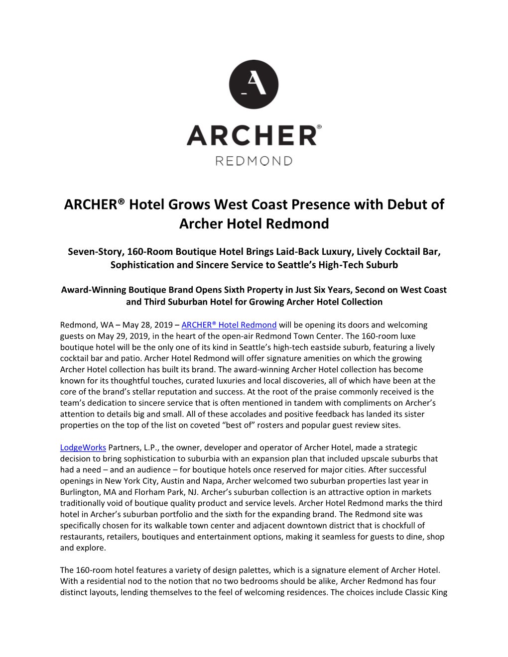 ARCHER® Hotel Grows West Coast Presence with Debut of Archer Hotel Redmond