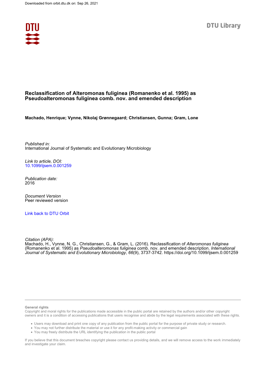 Reclassification of Alteromonas Fuliginea (Romanenko Et Al