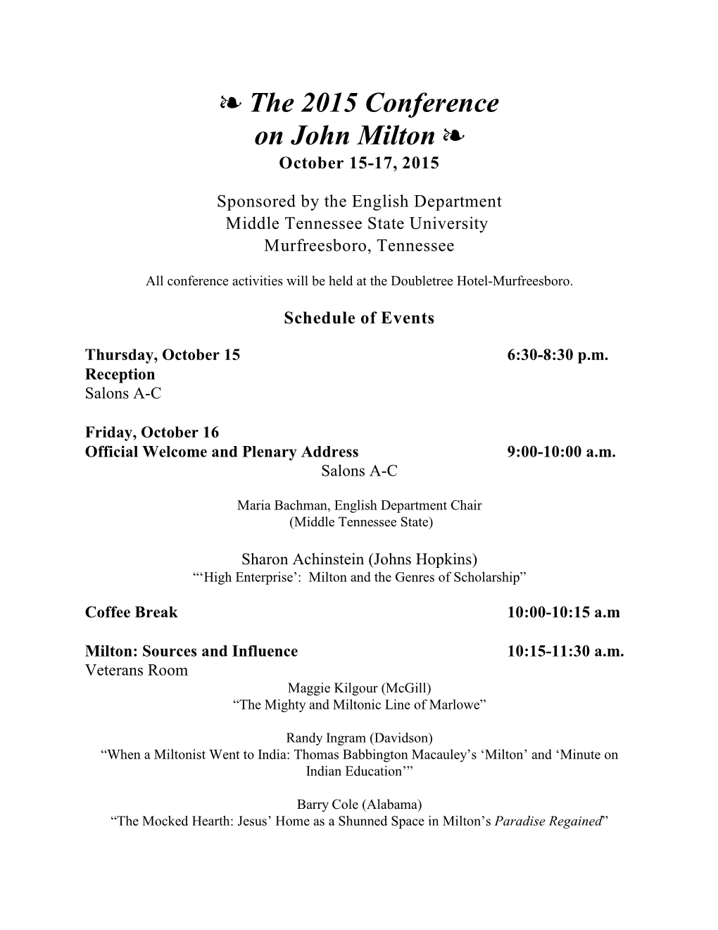 É the 2015 Conference on John Milton É October 15-17, 2015