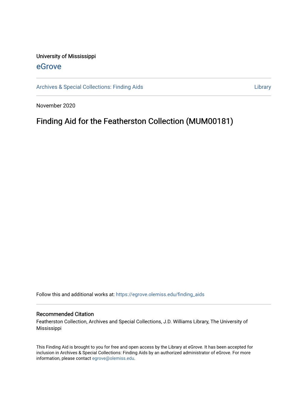 Finding Aid for the Featherston Collection (MUM00181)