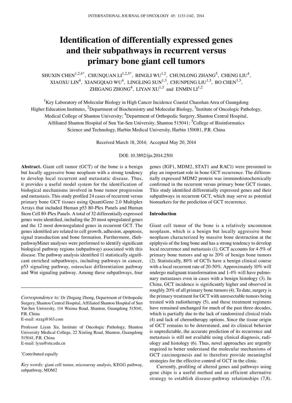 Identification of Differentially Expressed Genes and Their Subpathways in Recurrent Versus Primary Bone Giant Cell Tumors