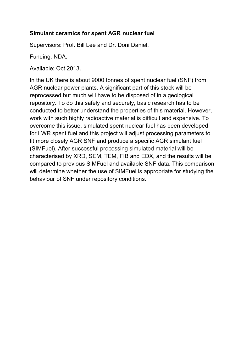 Simulant Ceramics for Spent AGR Nuclear Fuel