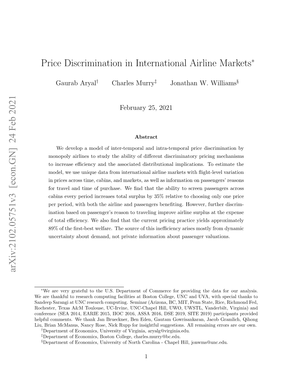 Price Discrimination in International Airline Markets Arxiv:2102.05751V3 [Econ.GN] 24 Feb 2021