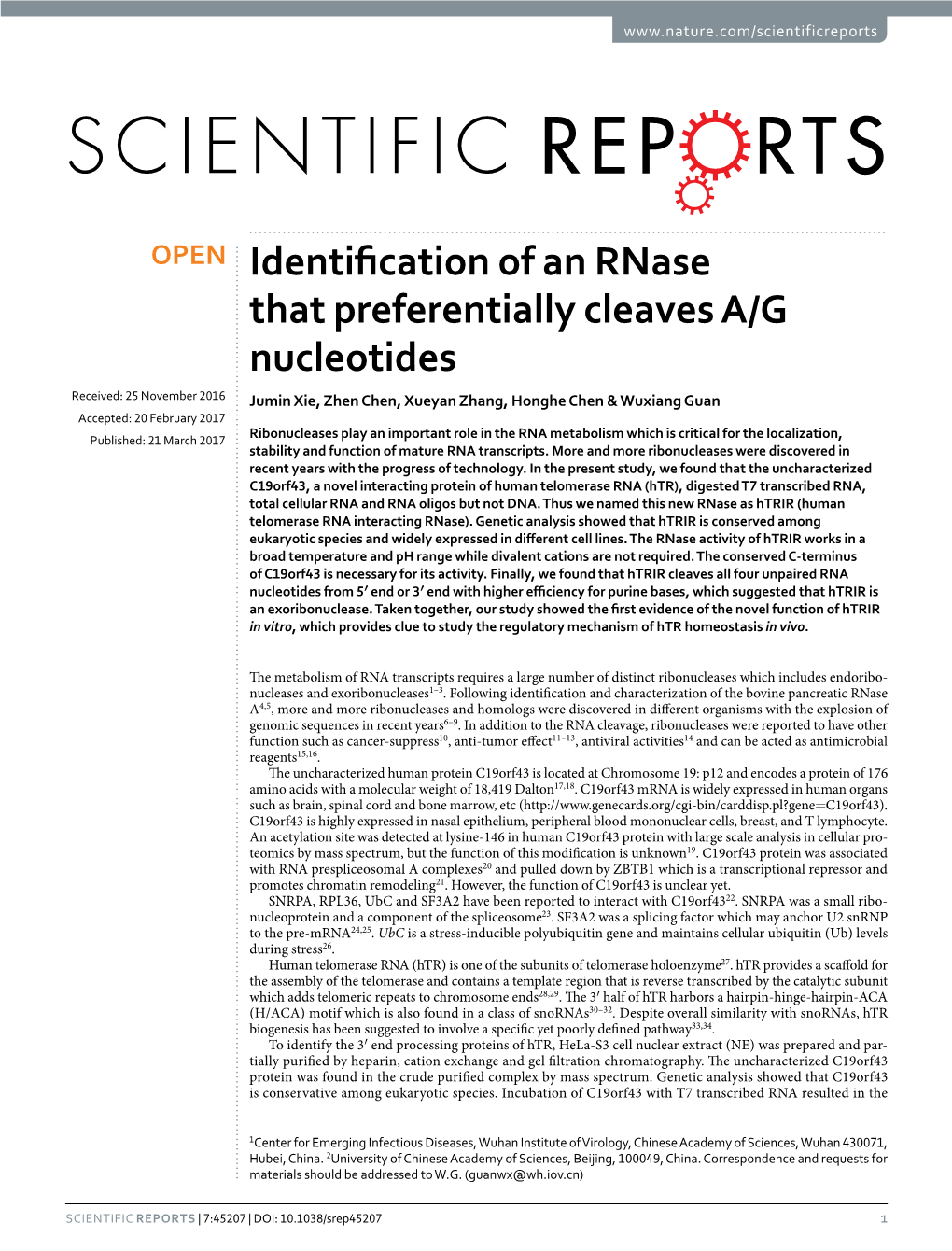 Identification of an Rnase That Preferentially Cleaves A/G Nucleotides
