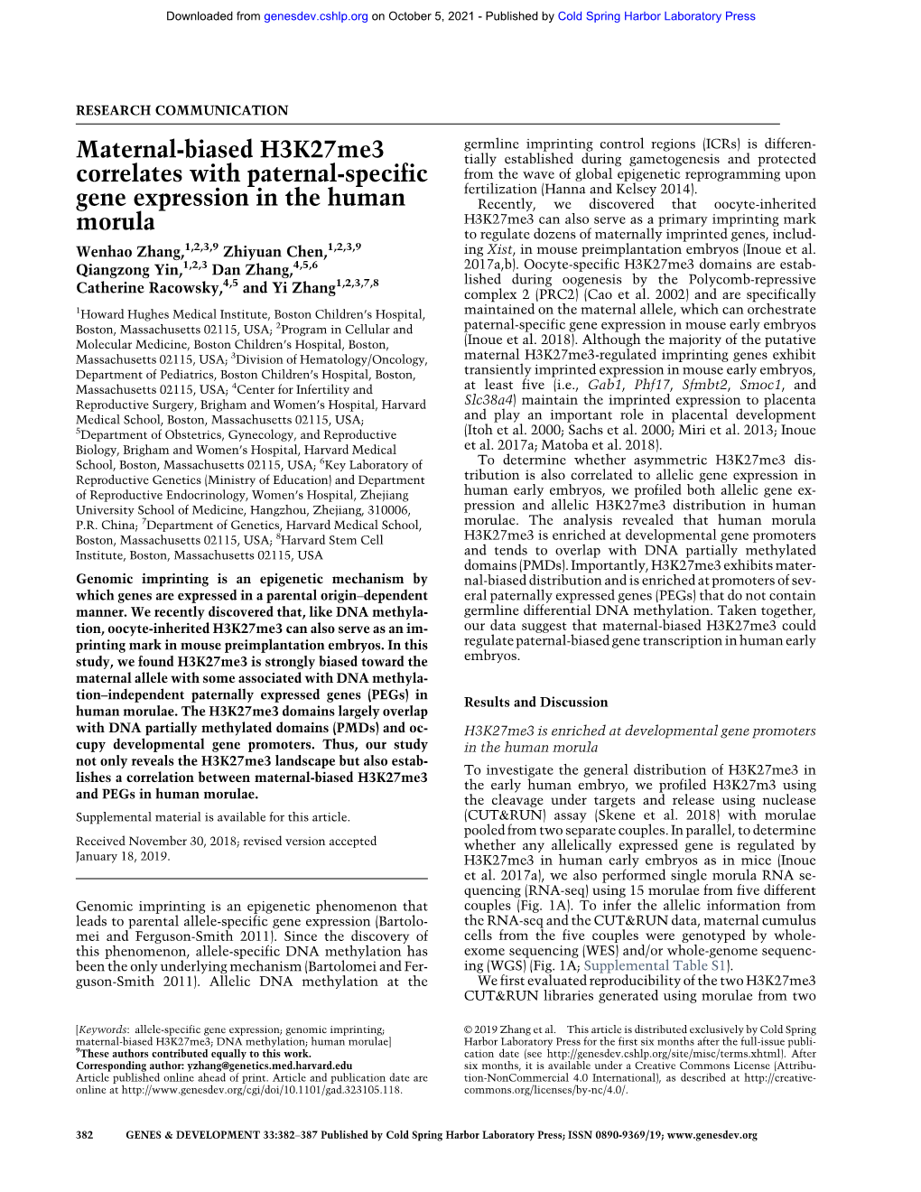 Maternal-Biased H3k27me3 Correlates with Paternal-Specific Gene Expression in the Human Morula