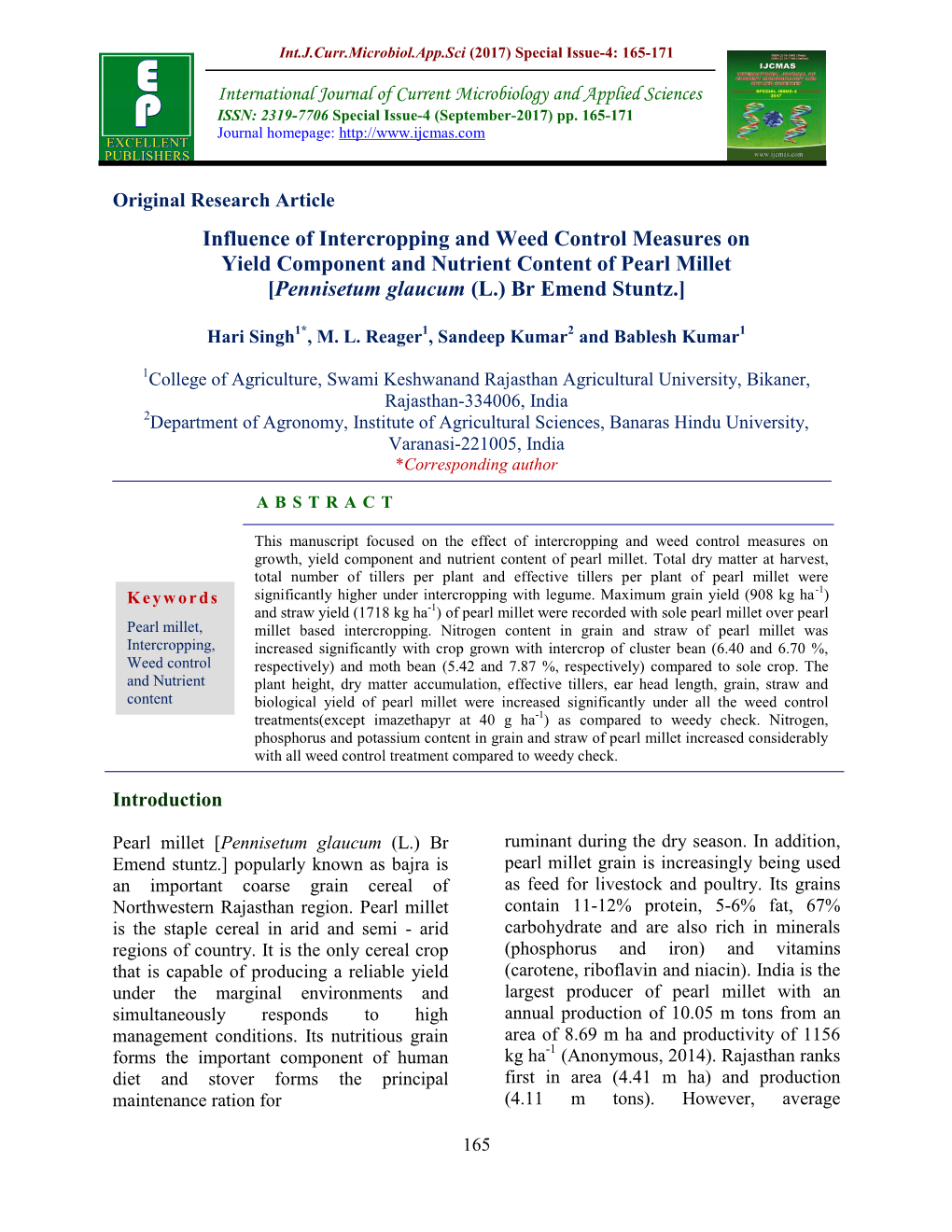 Influence of Intercropping and Weed Control Measures on Yield Component and Nutrient Content of Pearl Millet [Pennisetum Glaucum (L.) Br Emend Stuntz.]