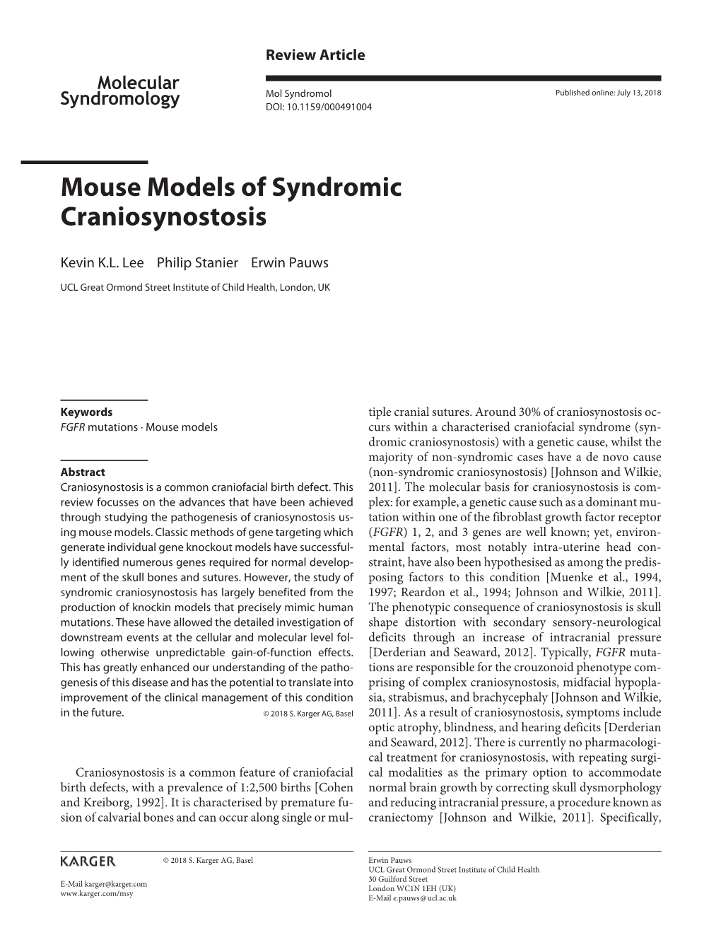 Mouse Models of Syndromic Craniosynostosis