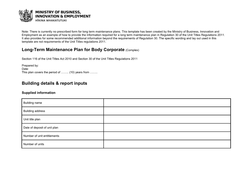 Unit Titles Act Long-Term Maintenance Plan for Body Corporate (Complex) Template