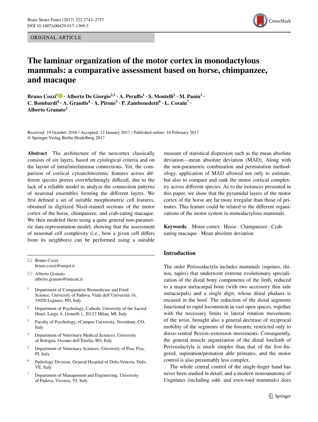 The Laminar Organization of the Motor Cortex in Monodactylous Mammals: a Comparative Assessment Based on Horse, Chimpanzee, and Macaque