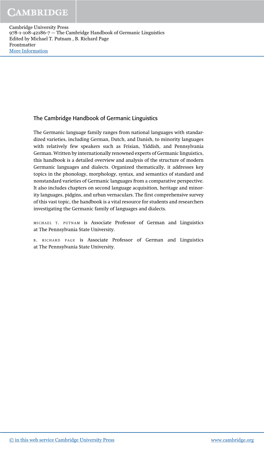 The Cambridge Handbook of Germanic Linguistics Edited by Michael T
