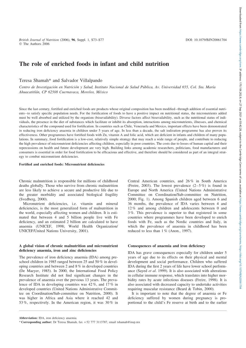 The Role of Enriched Foods in Infant and Child Nutrition