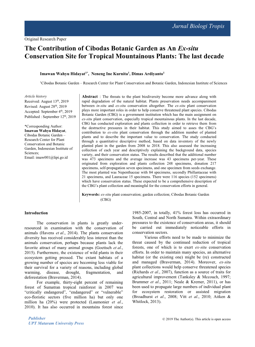 The Contribution of Cibodas Botanic Garden As an Ex-Situ Conservation Site for Tropical Mountainous Plants: the Last Decade