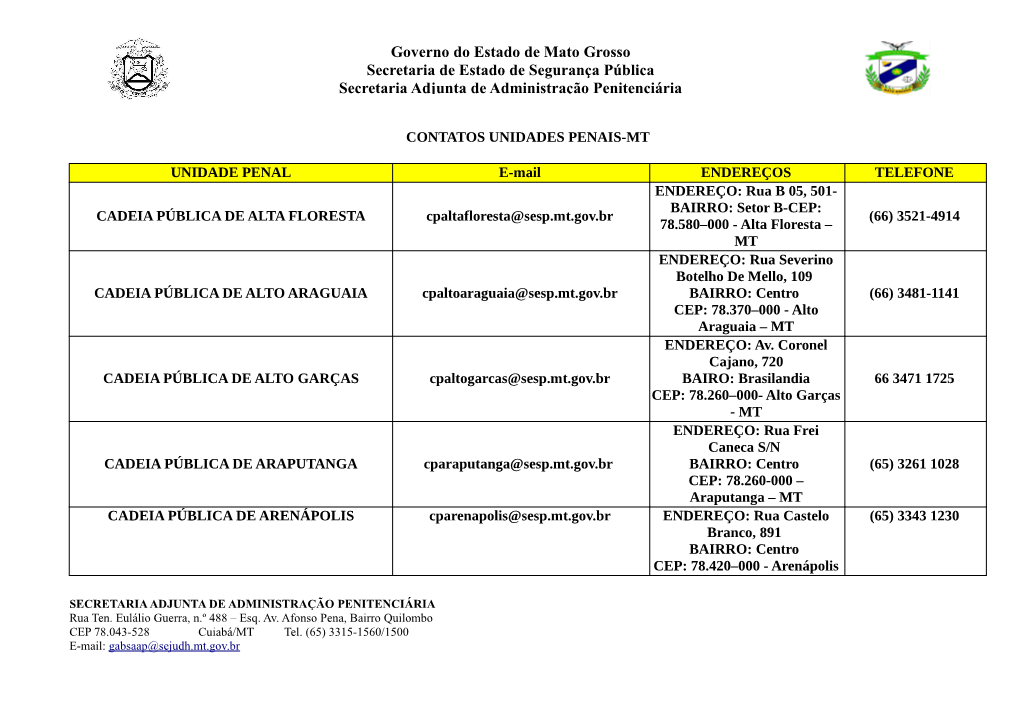 Governo Do Estado De Mato Grosso Secretaria De Estado De Segurança Pública Secretaria Adjunta De Administração Penitenciária
