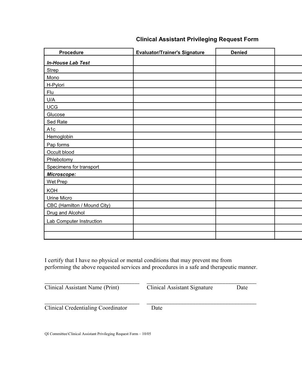 Clinical Assistant Privileging Request Form