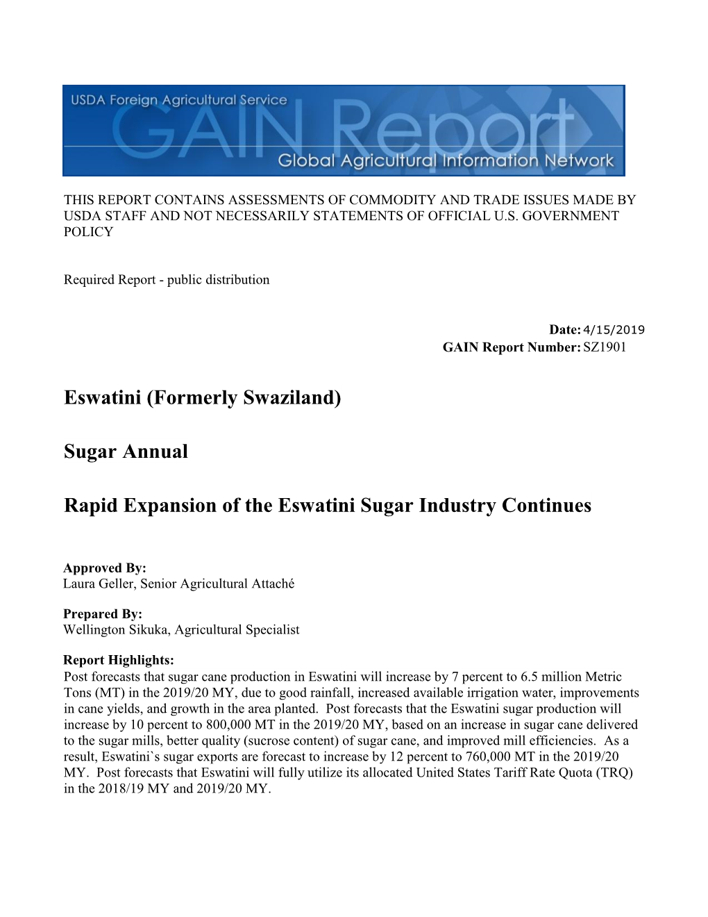 Eswatini (Formerly Swaziland) Sugar Annual