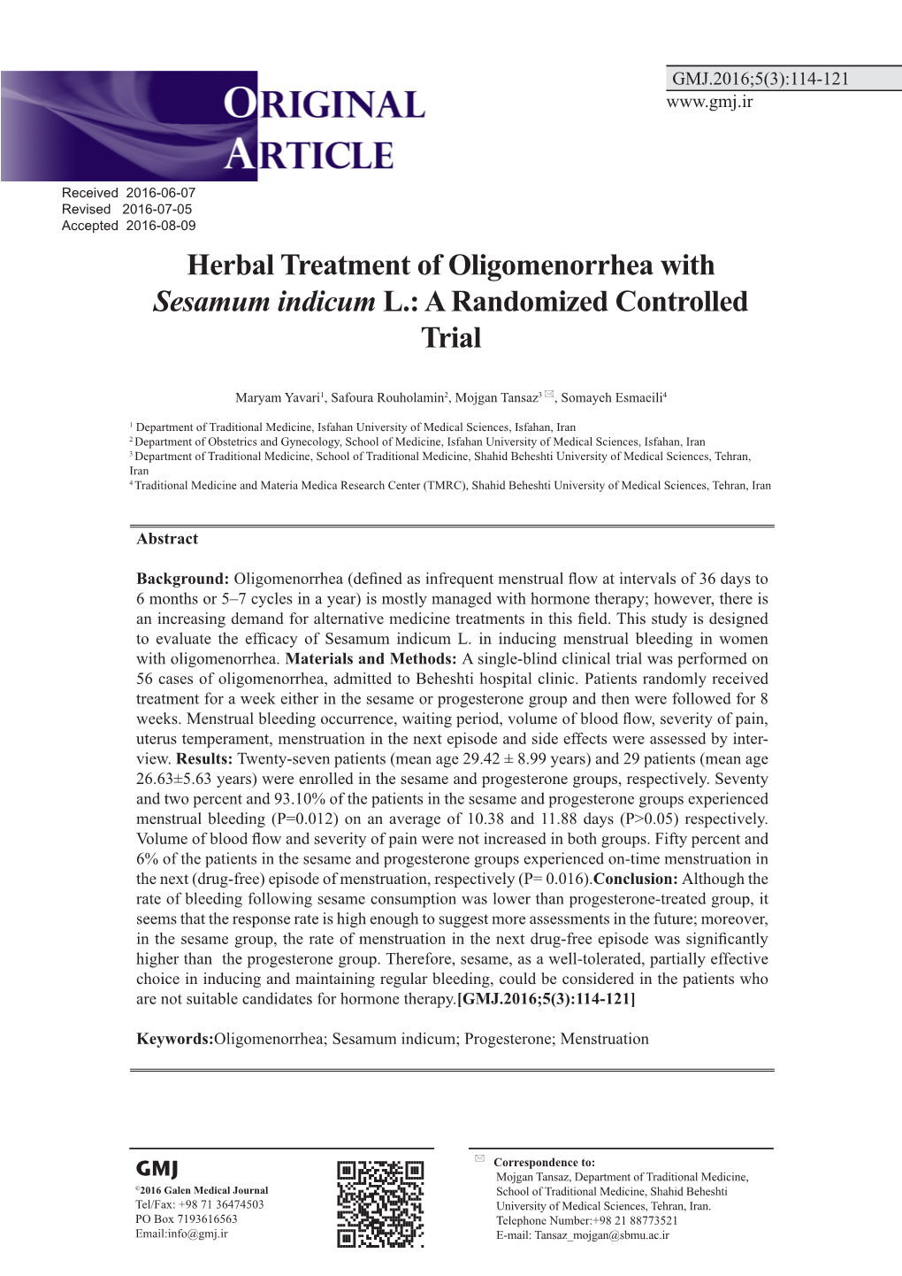 Herbal Treatment of Oligomenorrhea with Sesamum Indicum L.: a Randomized Controlled Trial