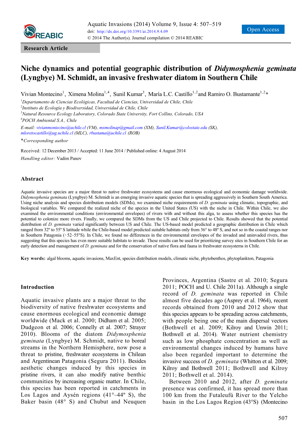 Niche Dynamics and Potential Geographic Distribution of Didymosphenia Geminata (Lyngbye) M. Schmidt, an Invasive Freshwater Diatom in Southern Chile