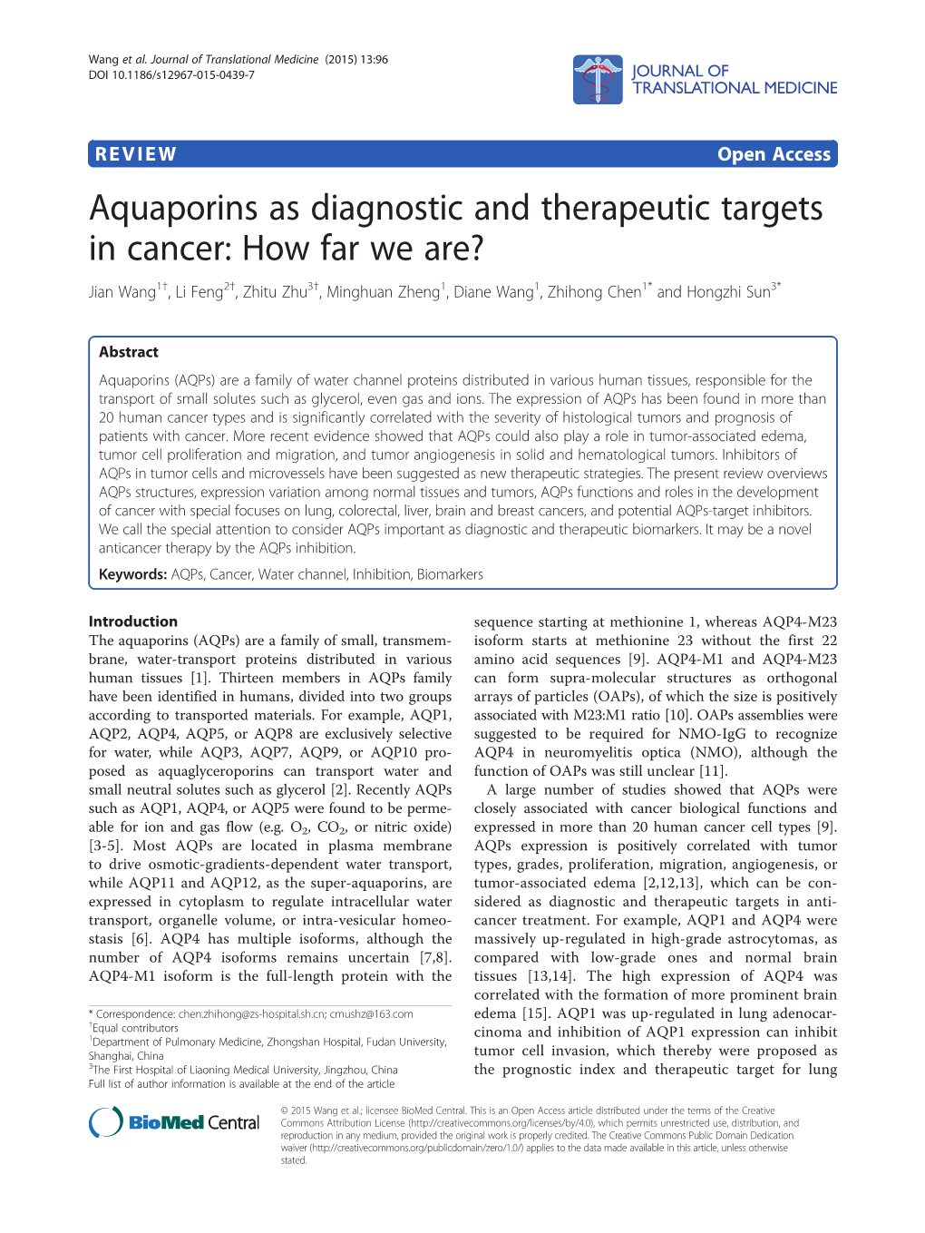 Aquaporins As Diagnostic and Therapeutic Targets