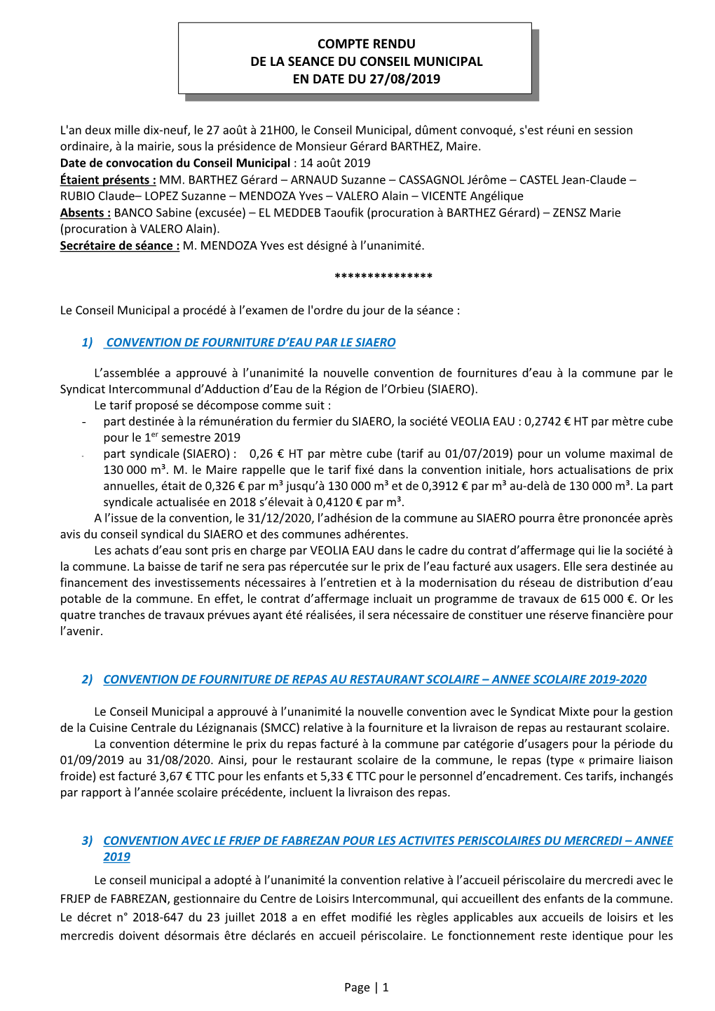 Compte Rendu De La Seance Du Conseil Municipal En Date Du 27/08/2019