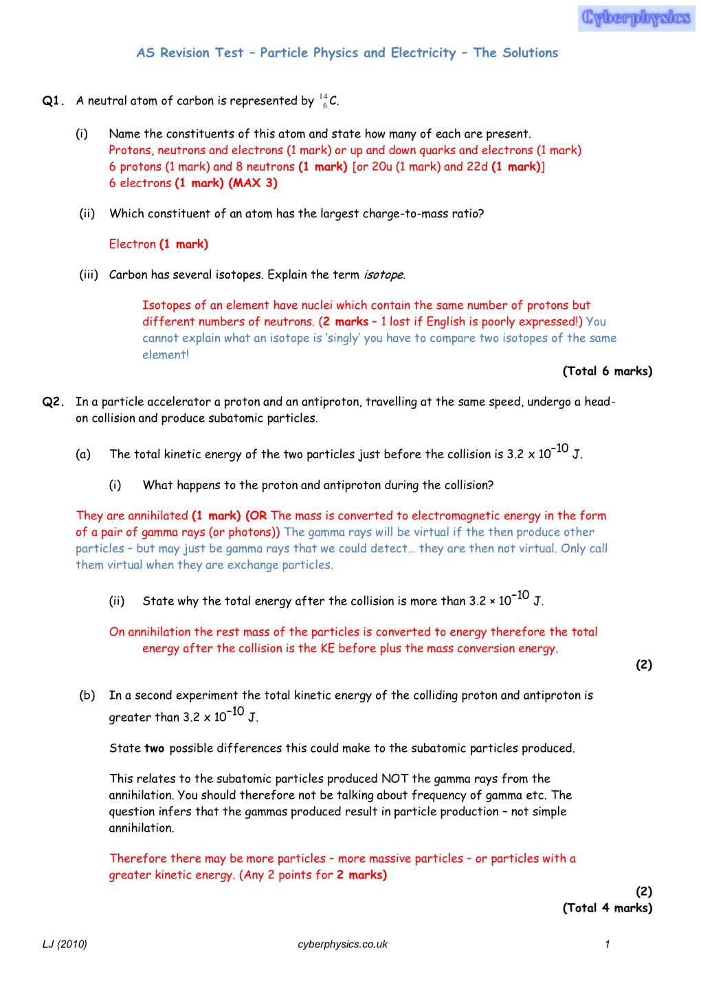 AS Revision Test – Particle Physics and Electricity – the Solutions