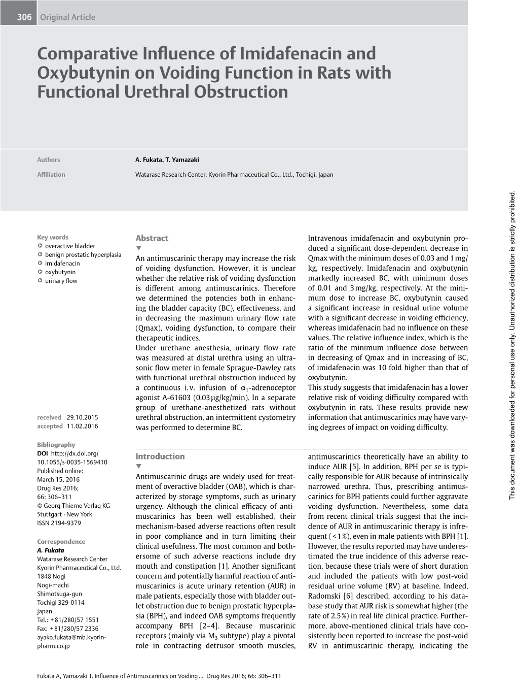 Comparative Influence of Imidafenacin and Oxybutynin on Voiding Function in Rats with Functional Urethral Obstruction