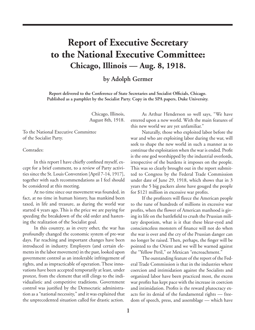 Report of Executive Secretary to the National Executive Committee: Chicago, Illinois — Aug